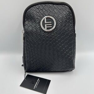 London Fog‎ Sling Bag Backpack Womens Black Broadway Double Zip Woven Crossbody